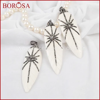 

BOROSA 5pcs Natural White Ox Bone Carved Leaf Pendant Bead Paved Zircons JAB225