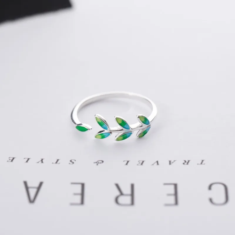 

Wholesale Silver Green Leaves Rings Opening Full Finger For Women 925 Simple Femme Leaf Leaves Fine Jewelry