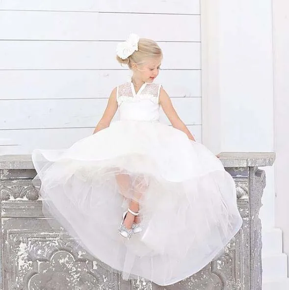 White Ivory Lace High Low V Neck Flower Girl Dress Toddler Kids