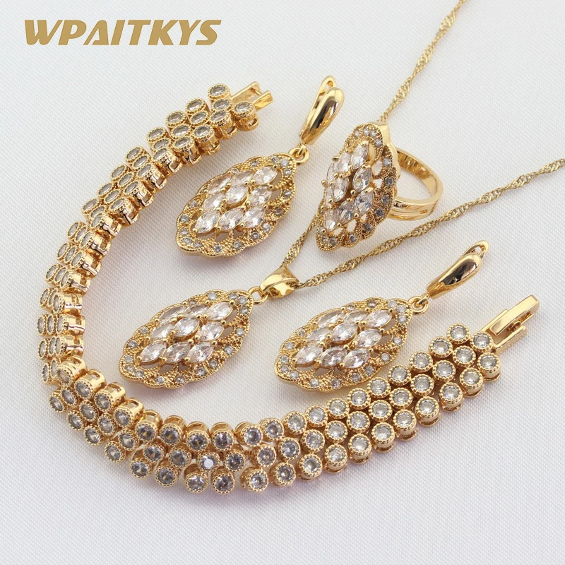 

Exquisite White Cubic Zirconia Gold Color Jewelry Sets For Women Bracelet Earrings Necklace Pendant Rings Free Gift Box WPAITKYS
