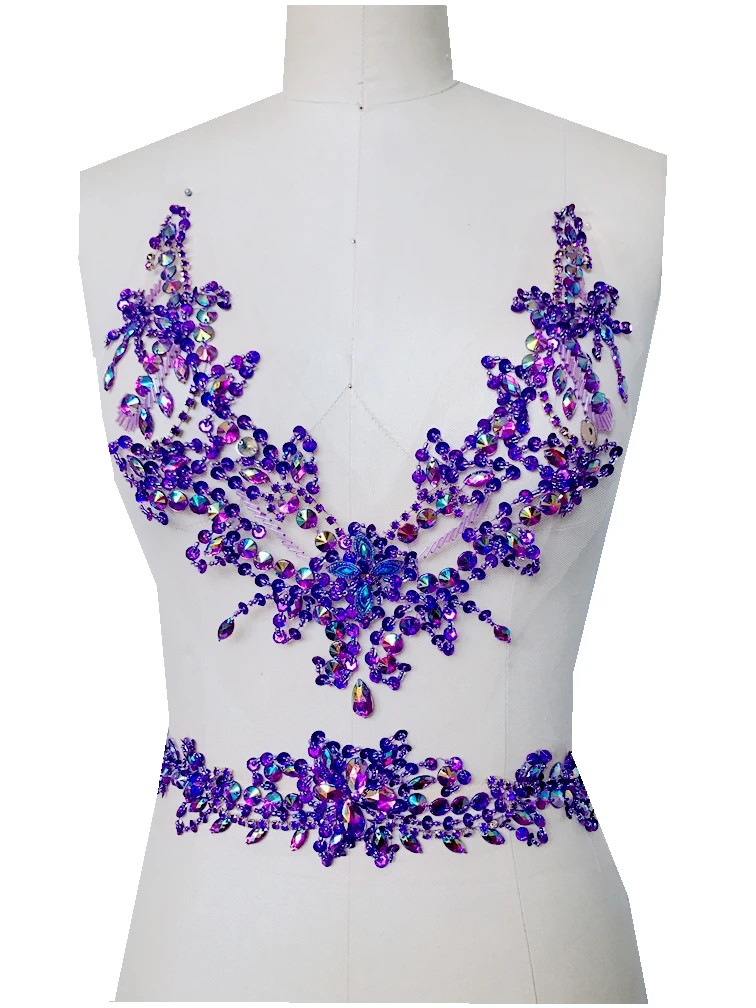 A62 Pure hand made sew on Rhinestones applique purple crystals patches