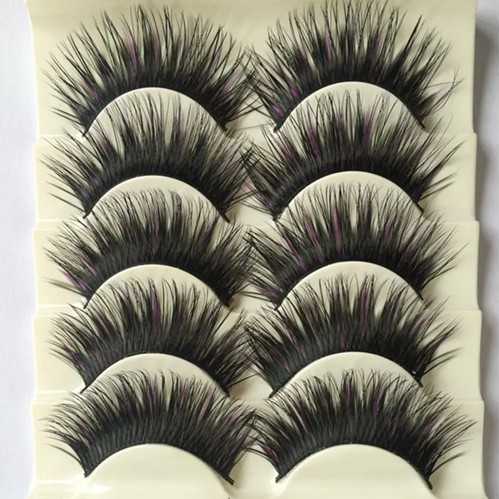 

5 Pairs Black & Purple Handmade False Eyelashes Natural Long Thick False Eyelashes Women Eyelash Extension Tools