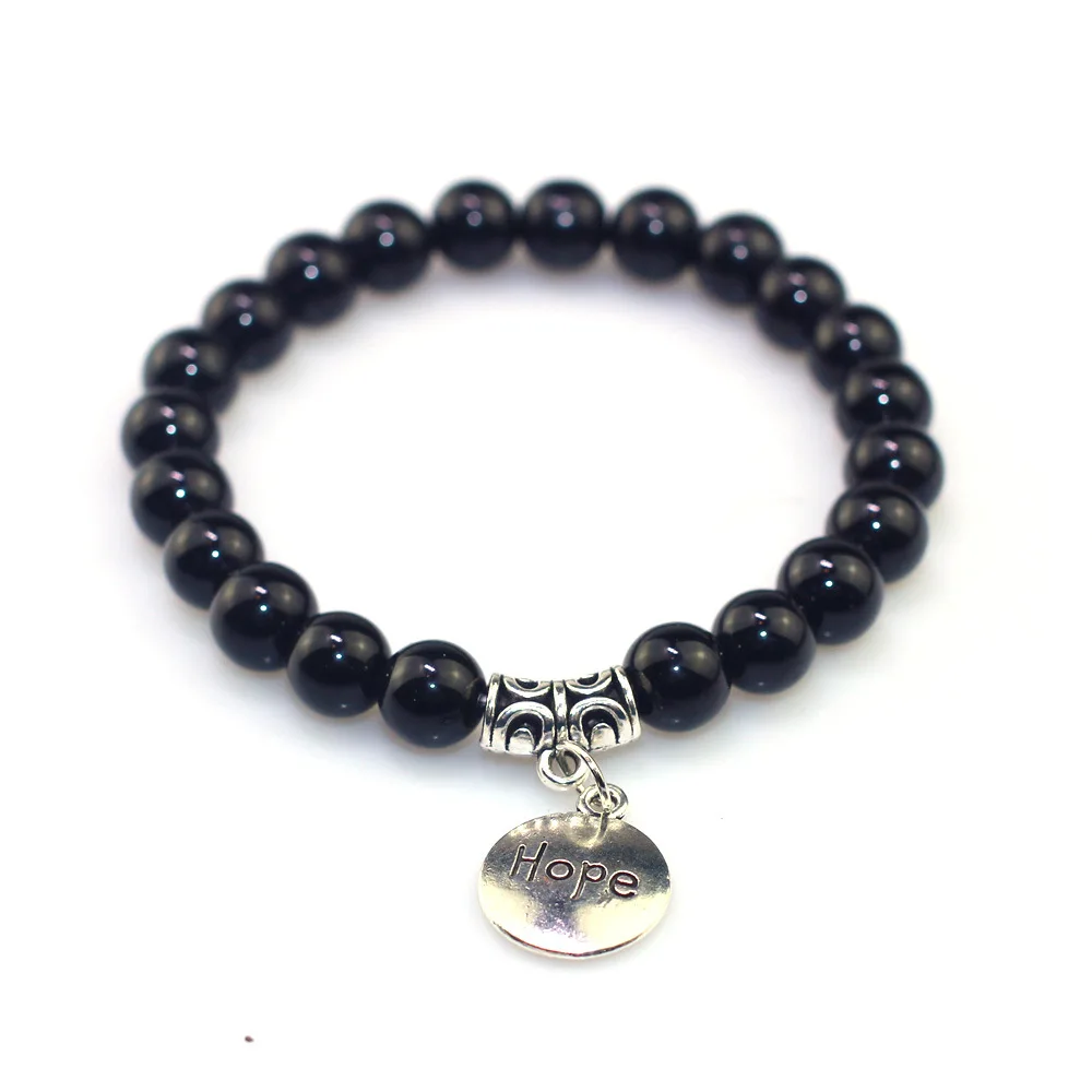 

2019 Simple Pendant Couple Black Stone Beaded Bracelet Alloy Bright Stone Bracelet Dream Hope Live Love Imprint Stone Bracelet
