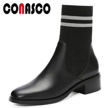 

CONASCO Fashion Women Ankle Boots Sexy Patchwork Socks Boots Round Toe High Heels Autumn Winter Martin Shoes Woman Stretch Boots