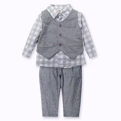 Одежда джентльмена для новорожденных мальчиков Серый жилет на пуговицах+ клетчатые рубашки+ штаны-шаровары комплект из 3 предметов