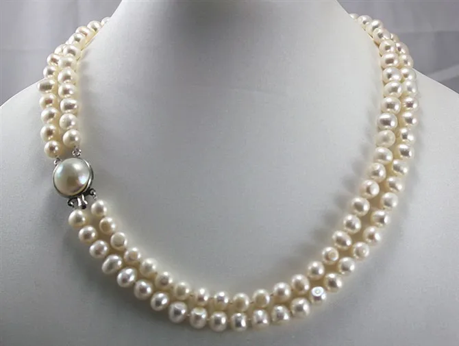

FREE SHIPPING>>>@@ > 2 rows 8mm white cultured freshwater pearl necklace for valentine's day gift