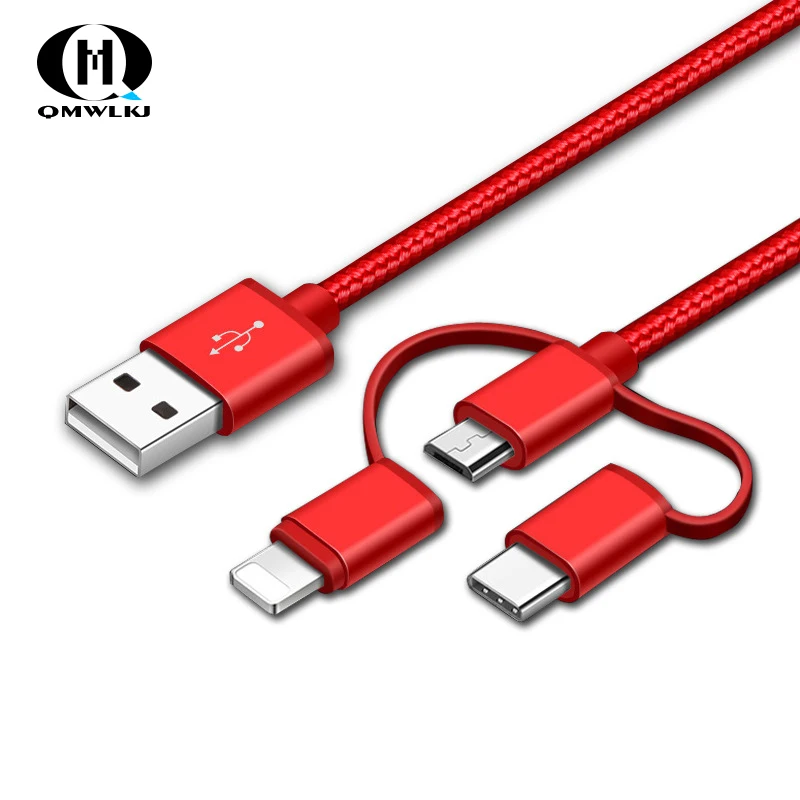 

3in1 USB Cable Type C Micro USB Cable Type-c Nylon Braided one-to-three Portable Fast Charging Cable For iphone Android Samsung