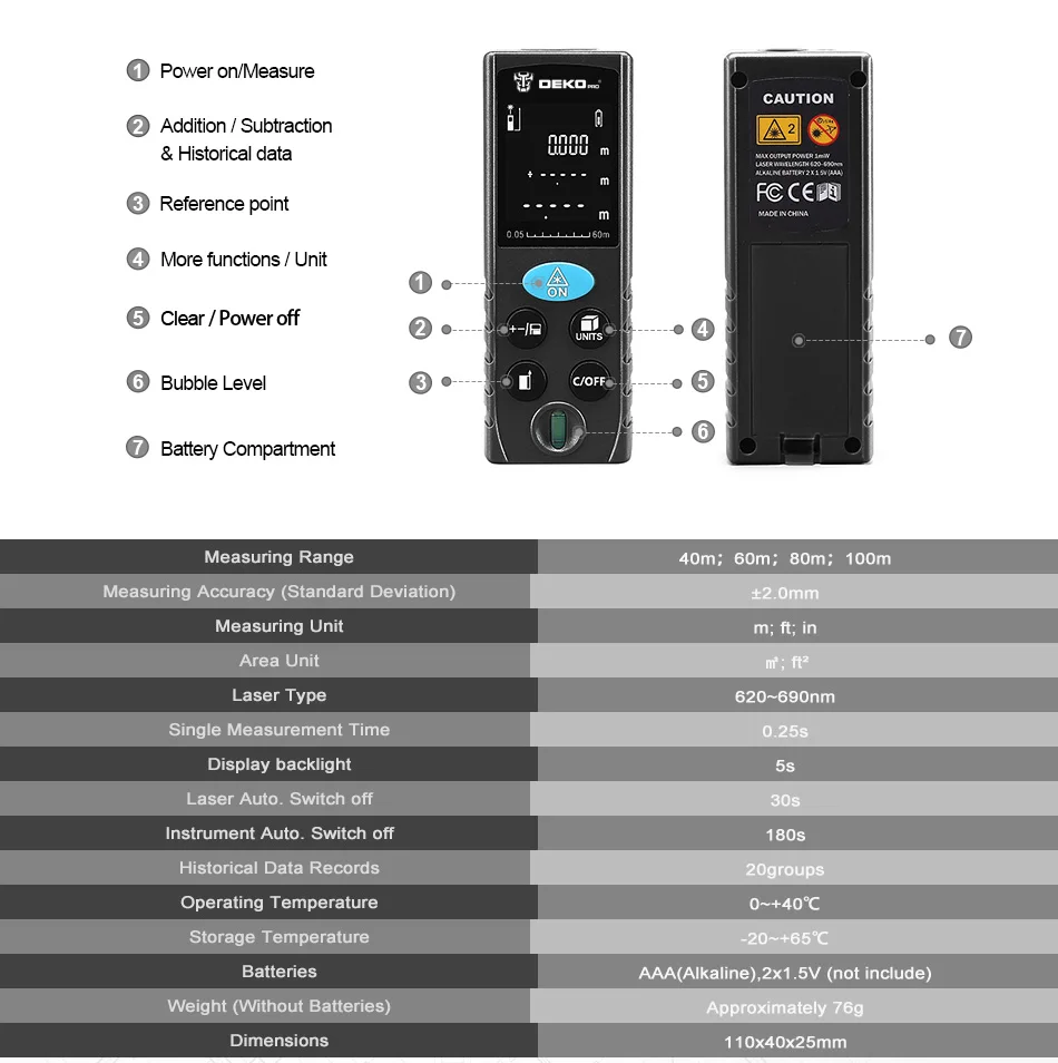 DEKO LRD110 ручной лазерный дальномер 50 м 70 м 100 м мини-лента дальномера дальномер измеритель диастиметра