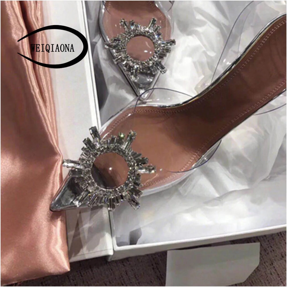 WEIQIAONA sexy Pointed ankle strap woman Fashion crystal shoes Rough with high heels transparent ladies high heel Wedding Sandal