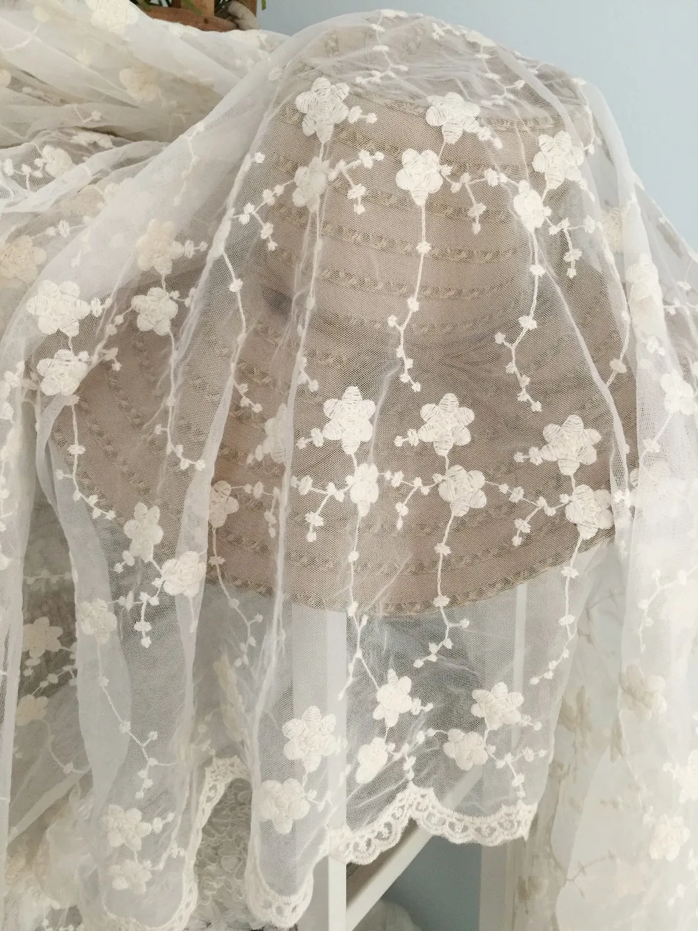 

One yard Beige Lace Fabric, Cotton Embroidered Florals Fabric, Ivory Wedding Dress Lace Fabric By The Yard
