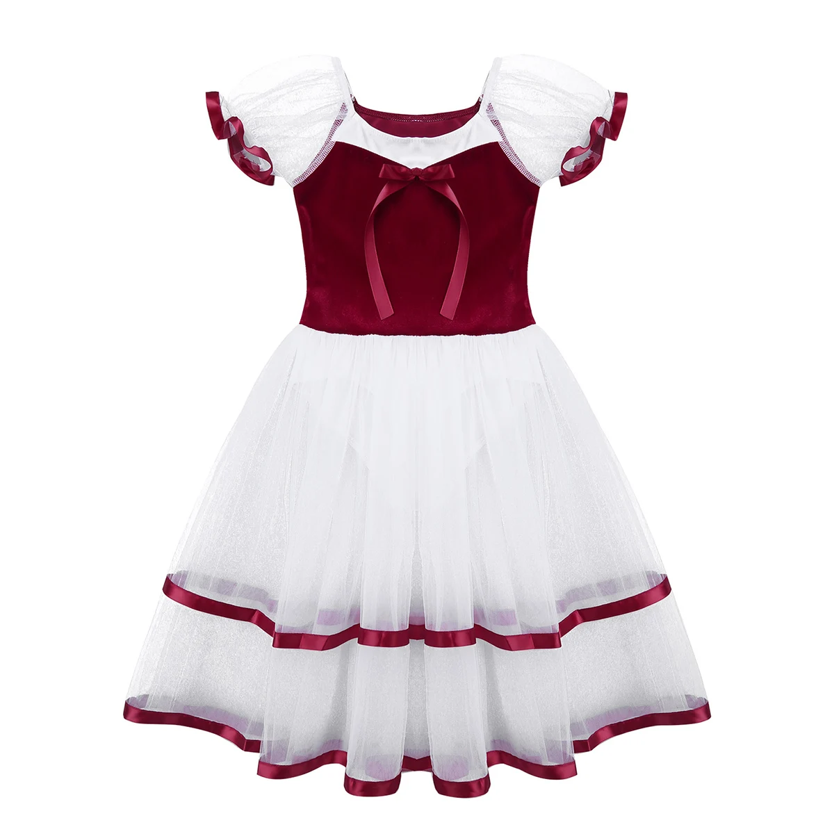 Ceny TiaoBug dla dzieci dziewczyny ażurowe Puff rękawem aksamitne gorset profesjonalne Tutu trykot baletowy długa sukienka Lyrical kostium taneczny