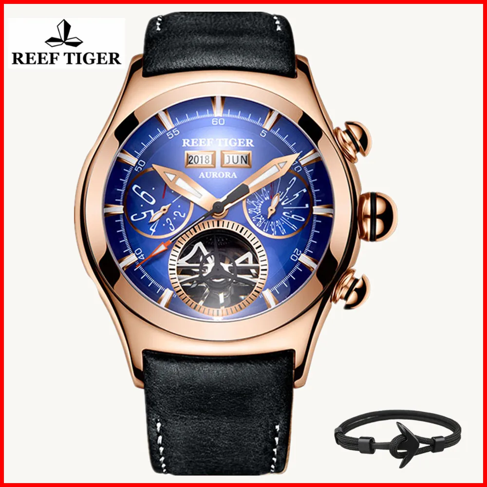 

Reef Tiger/RT Luxury Mens Sport Watches Rose Gold Automatic Tourbillon Brown Leather Strap Dial Watch relogio masculino RGA7503
