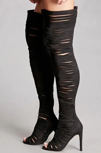 

Hot Sexy Design Over Knee High Boot Women Sandals Thin Heels Cut Outs Back Zipper Peep Toe Black Shoes Pumps Summer Brand New