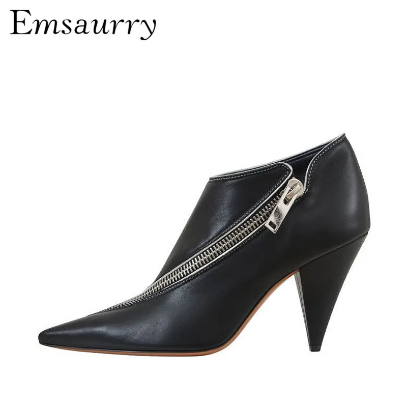 

The Newest Spike Heel Short Booties For Women Sexy Pointed Toe Slanting Zipper Real Leather Ankle Boots Woman