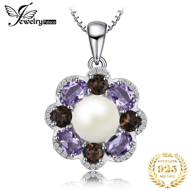 JewelryPalace New 9mm Cultured Pearl 2.6ct Smoky Quartz Amethyst Cluster Pendant 925 Sterling Silver Jewelry Not Include A Chain
