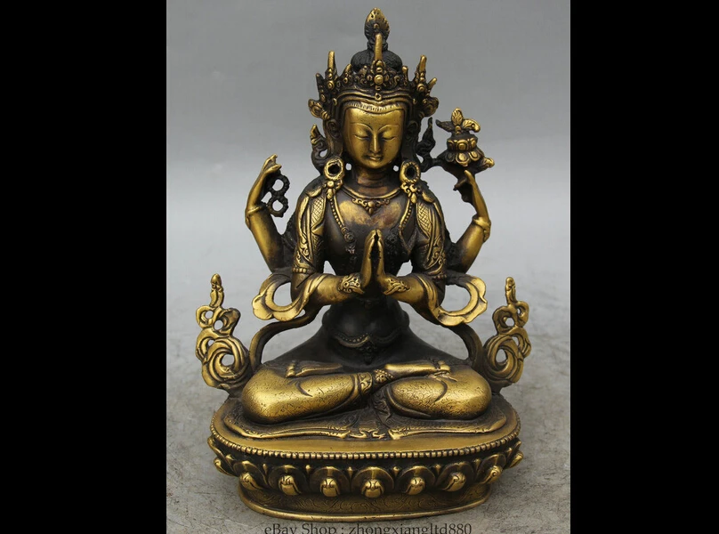 

hui88K809<<<9" Tibet Buddhism Copper Seat 4 arms Chenrezig Buddha Avalokiteshvara Statue