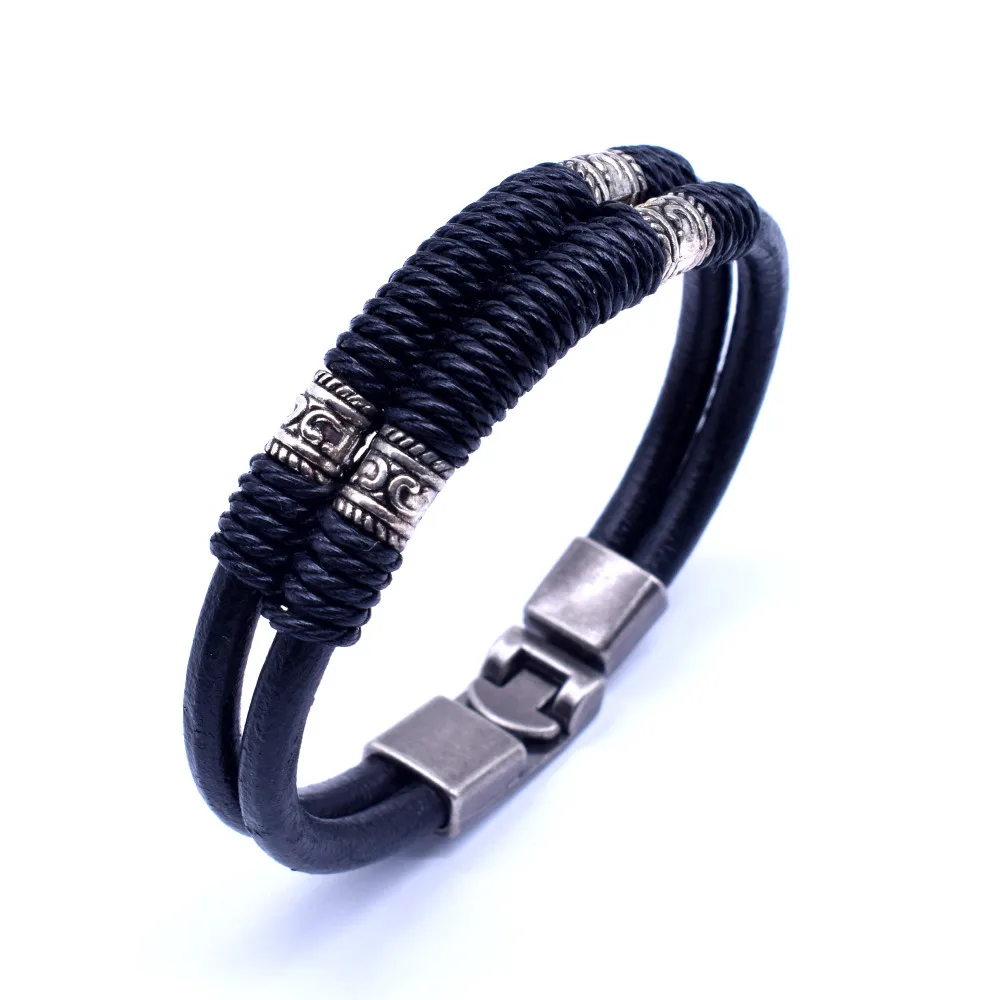 VOQ дизайн Винтажный Мужской браслет ручной работы обмотка веревка двойной черный кожаный браслет мужские украшения подарки bijoux homme