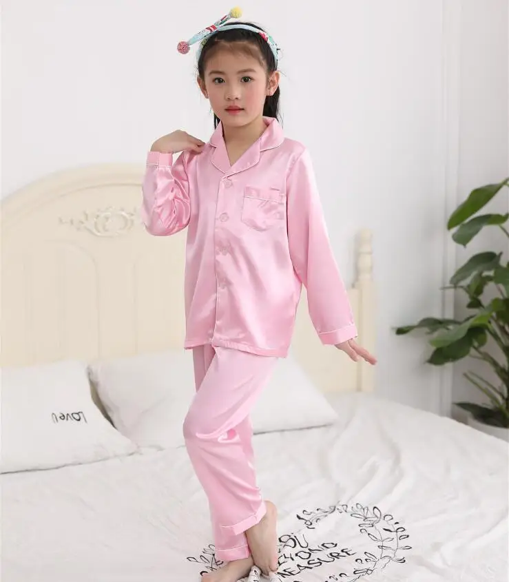 Весенние детские пижамы для девочек, шелковые пижамы для мальчиков и девочек, красная Детская одежда для сна с длинными рукавами, одежда для сна, комплект домашней одежды - Цвет: Pink long sleeve