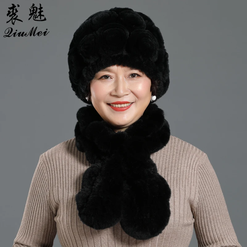 

2 PCS/Set Real Rex Rabbit Fur Hat Scarf Sets For Middle-aged Women Warm Beanies Scarf Lady Rose Flower Hats Knitted Scarf