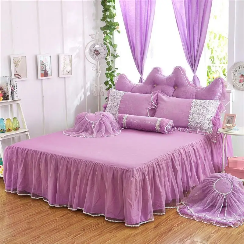 Розовый жаккардовый набор пододеяльников для пуховых одеял принцесса кружева постельных принадлежностей роскошные 4 шт. девушки свадебные покрывала кровать юбка хлопок домашний текстиль
