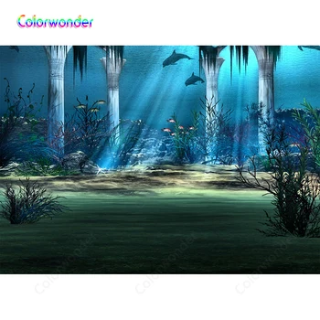 

Photography Background Dolphins with Other Colorful Fish White Stone Pillars with Seaweed and Coral Ocean World Custom Backdrops