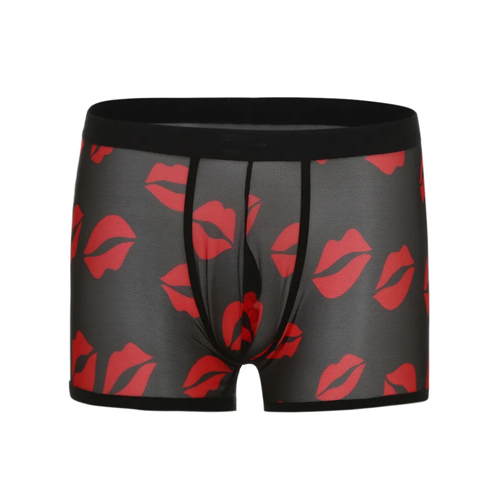 Men's Underwear New Sexy Hot Red Lip Mesh Hip Low Waist Nylon Soft and Comfortable Breathable Fashion Casual Daily Boxer#Z