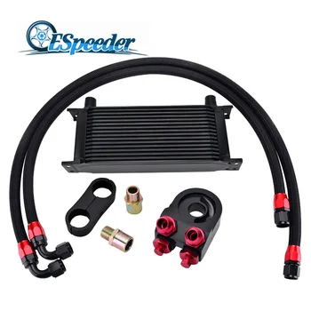 

ESPEEDER 16 Row 10AN Universal Engine Oil Cooler+Oil Adapter Filter Sender Sandwich Cooler Plate Kit+Nylon Braided Oil Hose Line