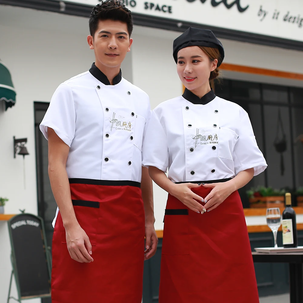 3 цвета китайский ресторан вышивка шеф-повар униформа Короткие рукава дышащий двубортный шеф-повар куртки еда услуги Спецодежда