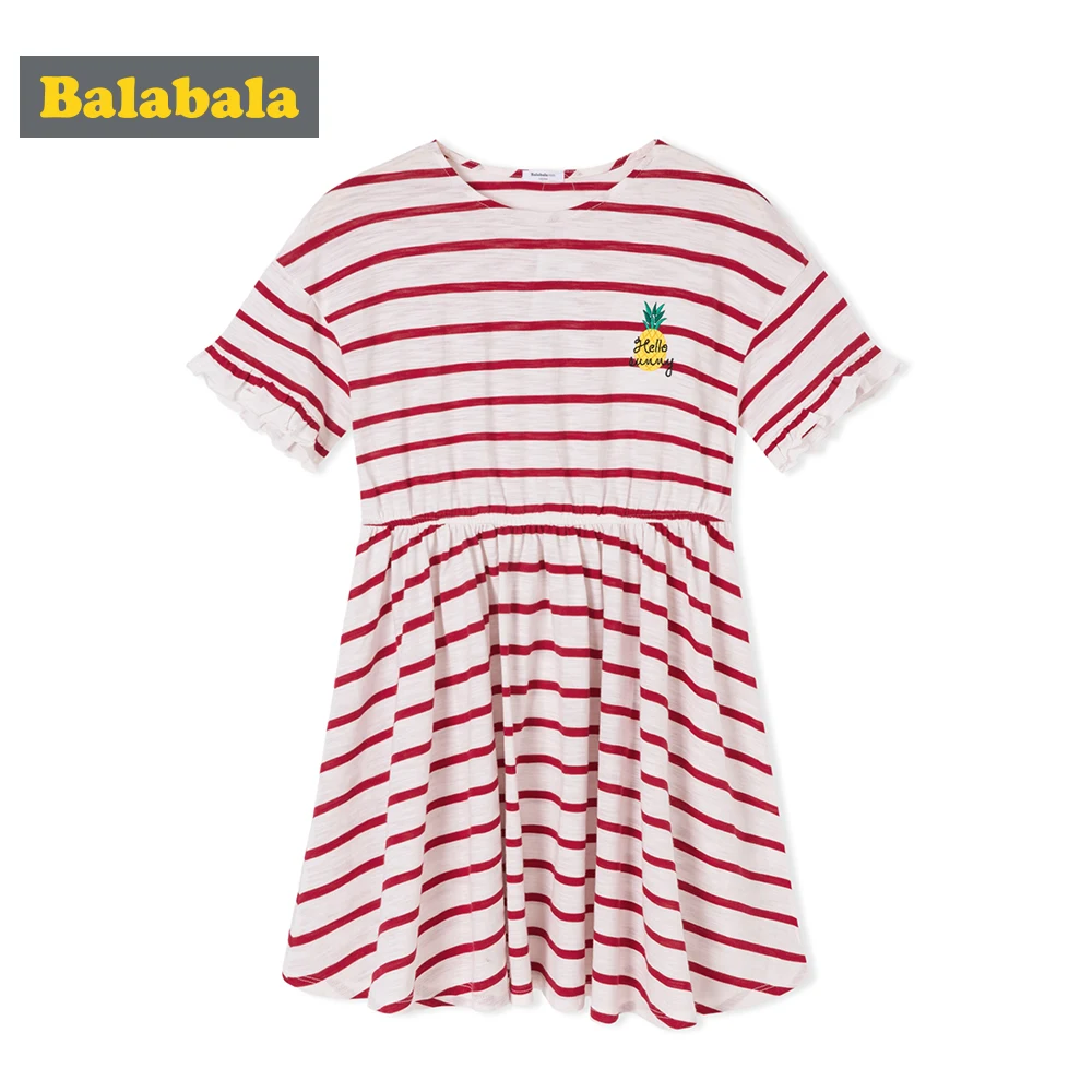 

Balabala Girls Short Sleeve Dress with Flared Striped A-line Dress Ruffle Trim at Cuffs for Teenager Girl Summer Dress