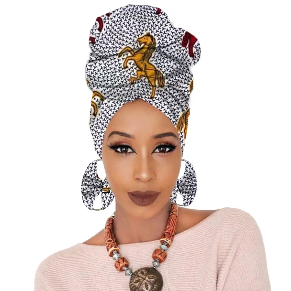 Print turban traditional African headscarf women headtie with earring (1)