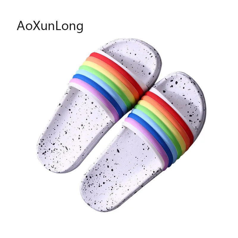 

AoXunLong Summer Slippers Woman 2019 Rainbow Shoes Peep Toe Flip Flops Women Bathroom Home Slippers Outdoor Beach Sandals Slides