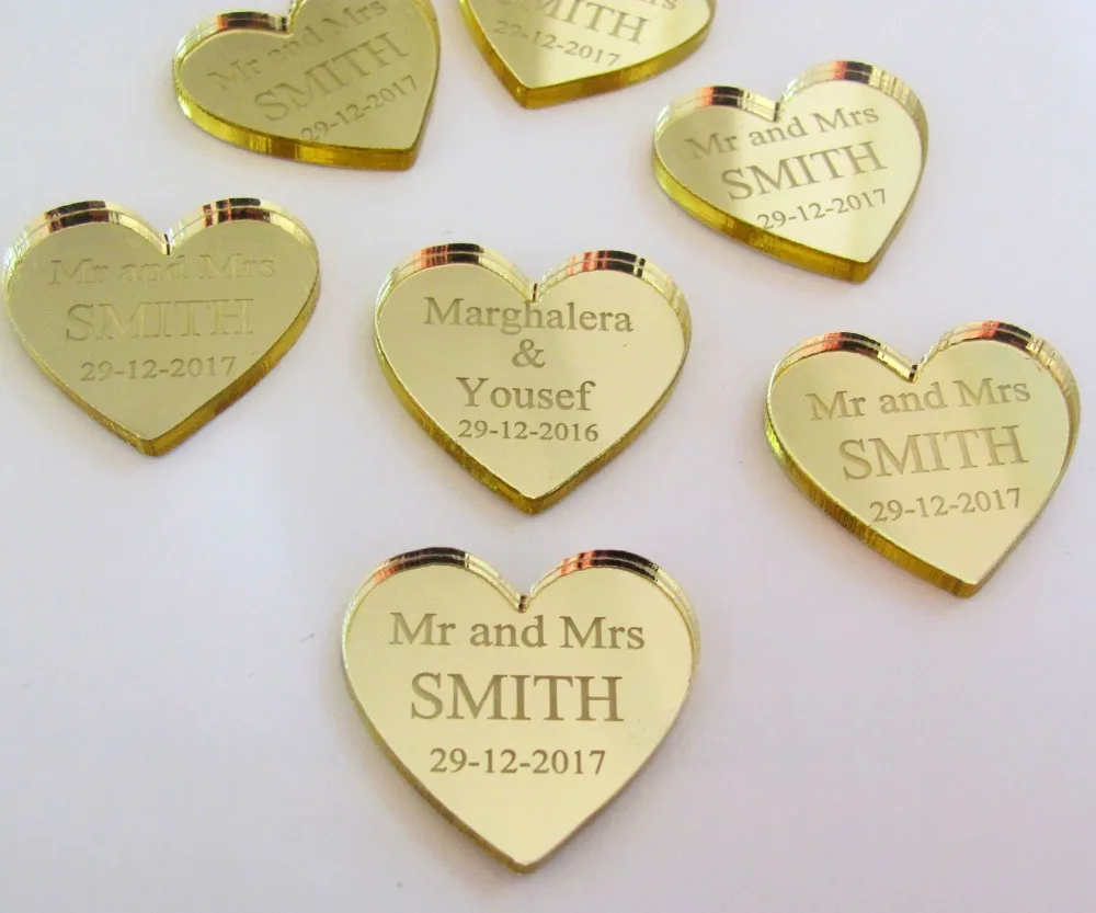 

50 pieces Personalized Mirror/clear MR & MRS Surname Love Heart Wedding Table Decor Favors Customized 25MM*24MM