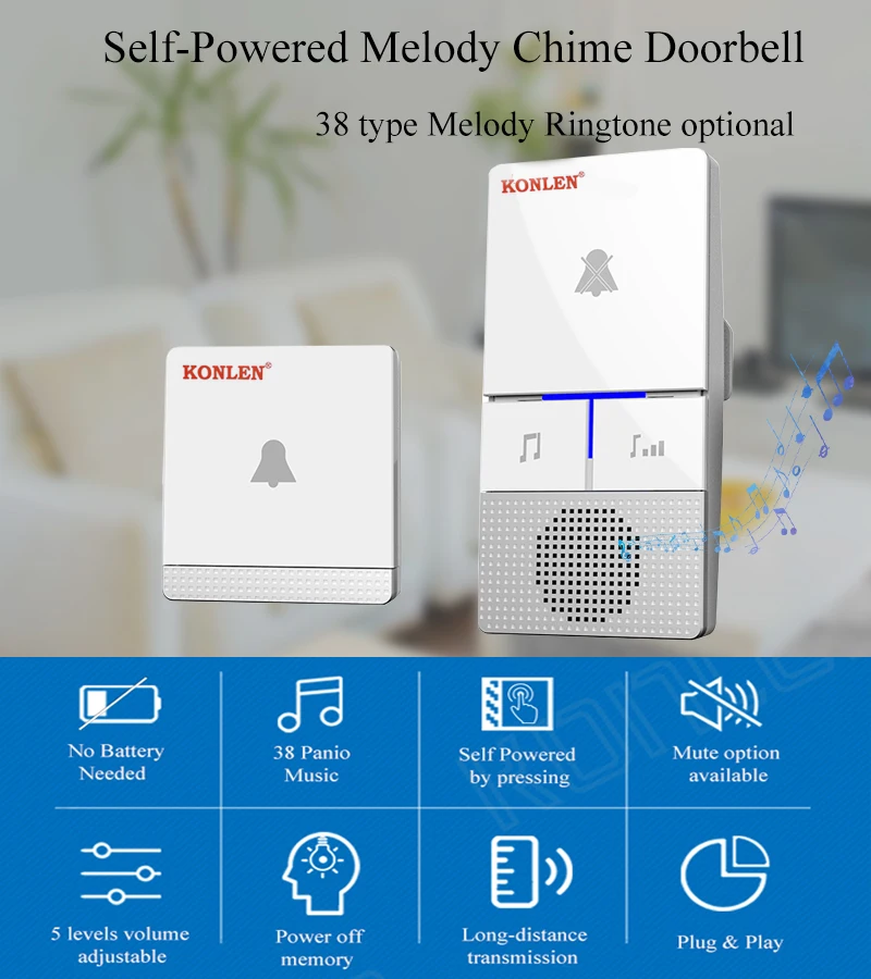 KONLEN Беспроводной Dingdong Long Range 38 Мелодия Колокольчик Дверной звонок Без батареи Самостоятельное питание Кнопка Deurbel ЕС-Великобритания США Штекер