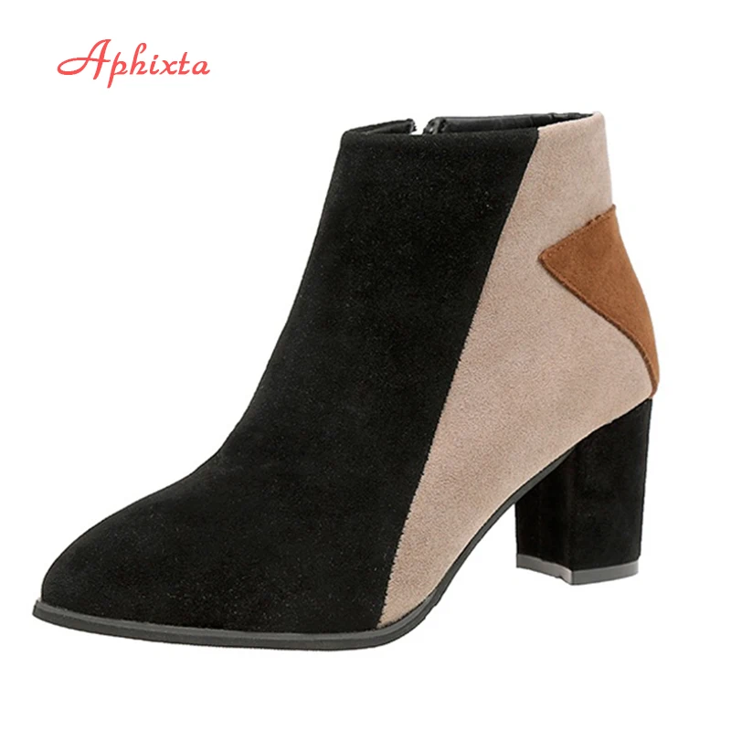 

Aphixta Women Ankle Boots Elastic High Square Thin Heels Pointed Toe Zippers Mixed Colors Genuine Leather Lady Woman Boot Shoes