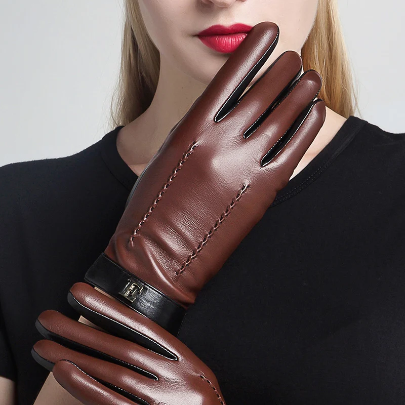 2019 New Genuine Leather Women's Gloves Autumn Winter Warm Plush Lined Fashion Patchwork Sheepskin Gloves Female 3326