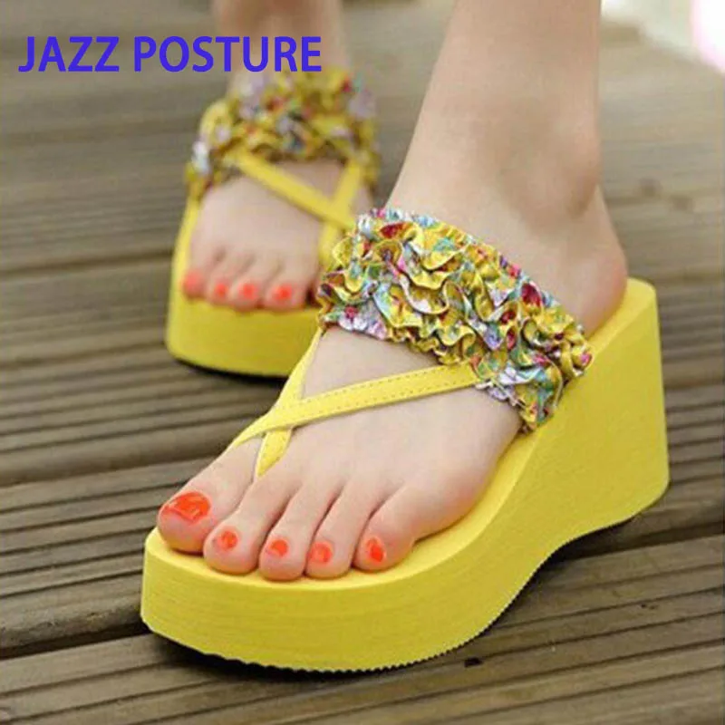 

New Bohemian Satin Broken Flower Slopes and Flip-flops Summer Muffin, High-heeled Sand Slippers Womens shoes y435