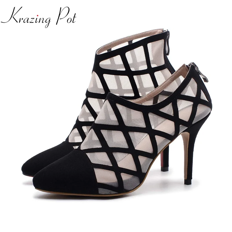 

Krazing Pot high street fashion sheep suede mixed color air mesh ankle summer boots high heels stiletto pointed toe shoes L80