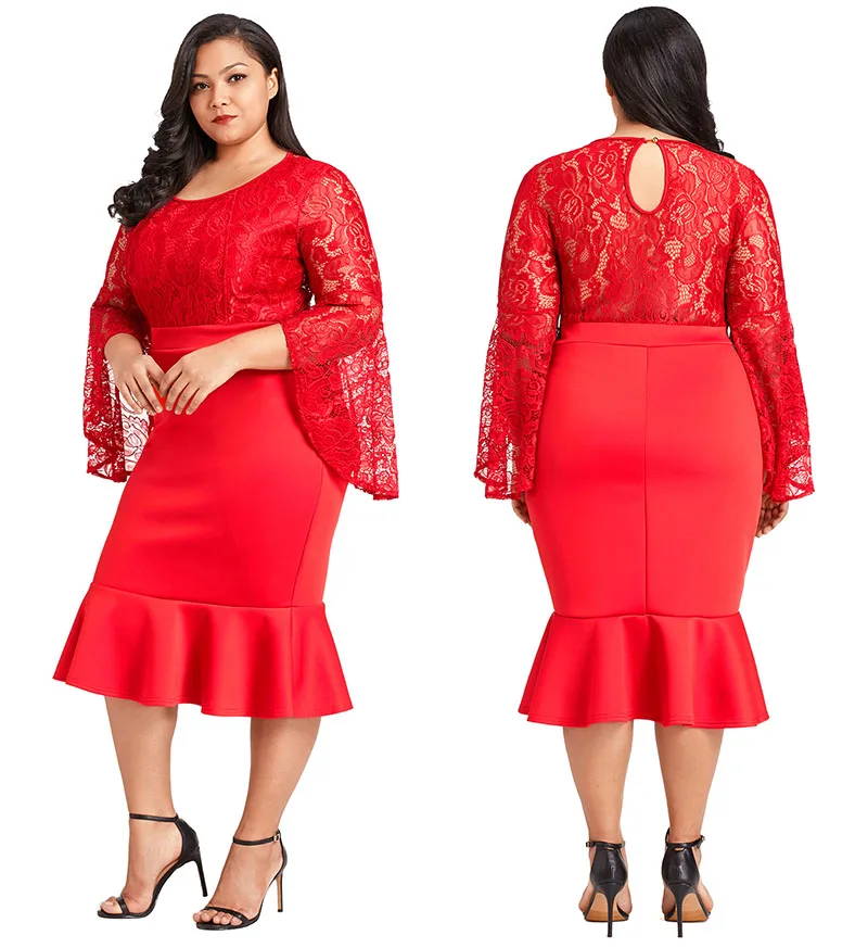Red-Plus-Size-Lace-Bell-Sleeve-Mermaid-Bodycon-Dress-LC61875-3-7