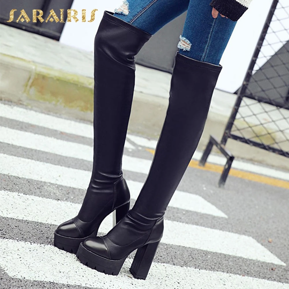 

SARAIRIS 2018 Big Size 34-43 Platform Chunky High Heels Knee High Boots Shoes Woman Hot Sale Autumn Boots Women