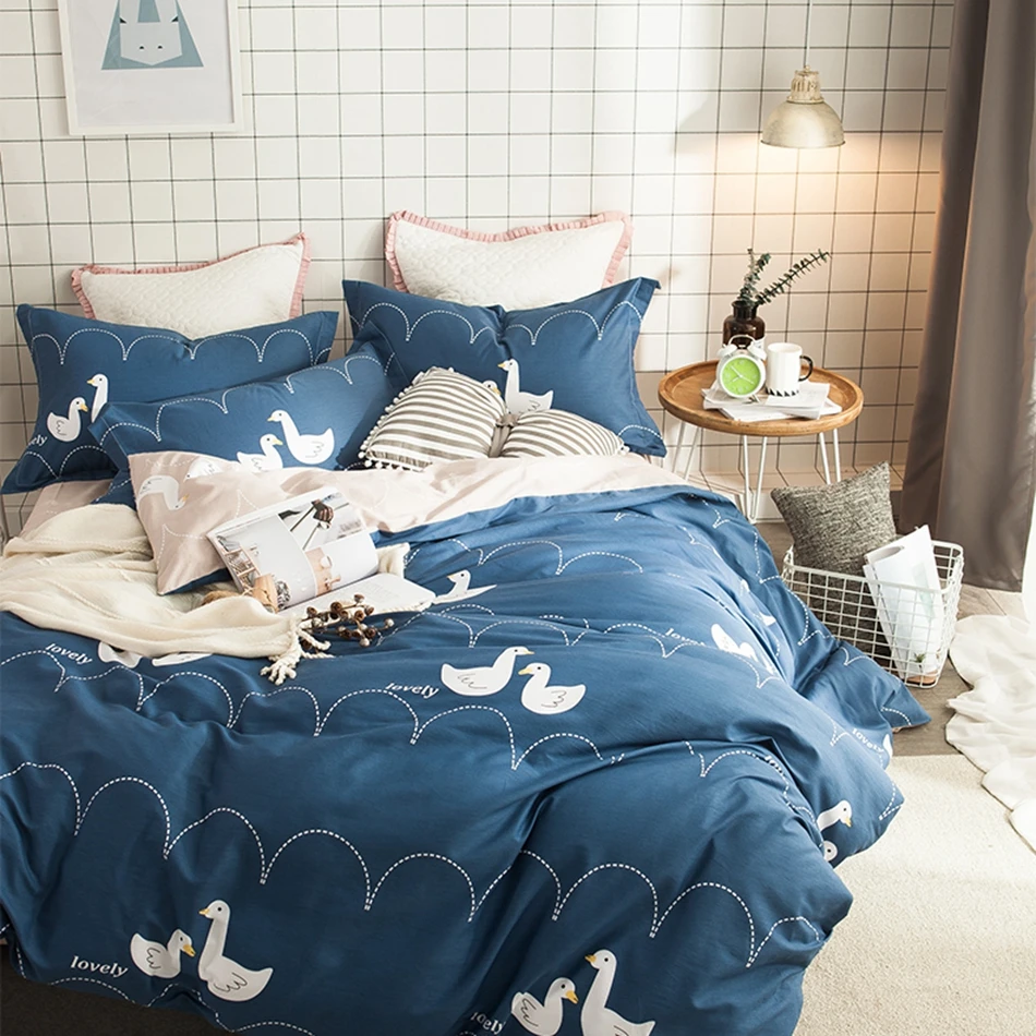 100 Cotton Blue Cute Cartoon Duvet Cover Set Queen Size Bedding Sets