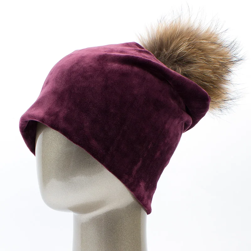 Geebro женская шапка с помпонами, повседневная бархатная шапка Skullies Beanies из полиэстера, тёплые вязаные шапки из енота, шапка с меховым помпоном - Цвет: Wine Red A