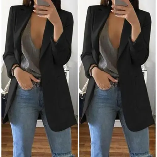 Hot Womens Long Sleeve Vintage OL Slim Fit Formal Long Blazer Spring Autumn Elegant Pocket Solid Suit Jacket Coat Casual Outwear