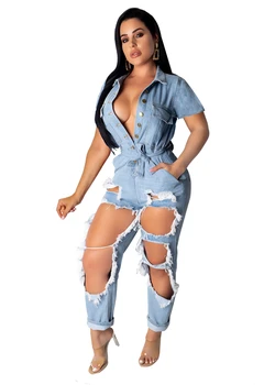 

Adogirl 2019 Summer Holes Jeans Jumpsuit Women Buttons V Neck Turn Down Collar Short Sleeve Denim Pants Romper Casual Overalls