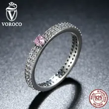 VOROCO 925 Sterling Silver Pink Piedra con Pequeños Cristales Manera Del Anillo de Dedo para Las Mujeres de Compromiso Joyería R003
