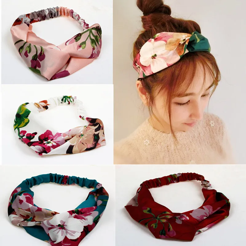 

M MISM Women Wide Floral Silk Headband Vintage Floral Printing Stretch Soft Knotted Hair Band Elastic Twisted Satin Head Bands