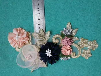 

Fashion Trendy flower floral lace applique 2pairs sewing wedding fabric decoration 3d gold lace appliques for dress