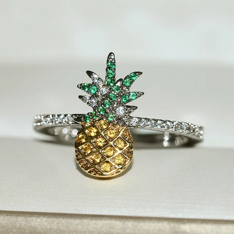 Новое кольцо с фруктами ананаса клубники для женщин модные креативные фианиты высокого качества Серебряные вечерние свадебные кольца - Цвет основного камня: Цвет: желтый