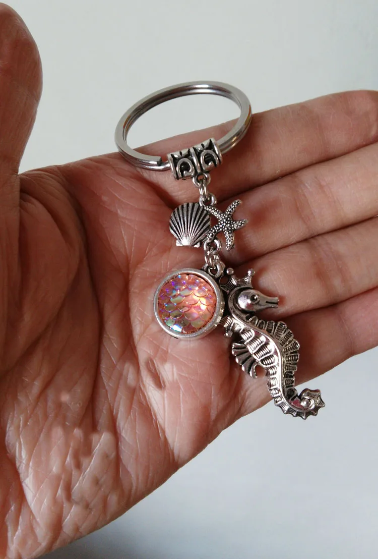 10pcs/lot Seahorse keychain with mermaid scales, sea horse keychain, seahorse keyring, sea horse keyring, mermaid scale keychain