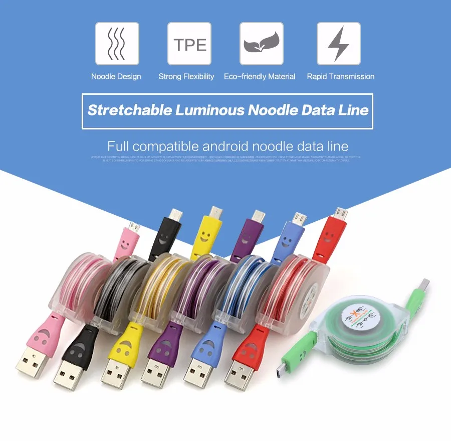 85cm Smile Face Universal Visible LED Light Micro USB Data Cable USB Charger Charging Sync Cable for Samsung HTC Xiaomi Android