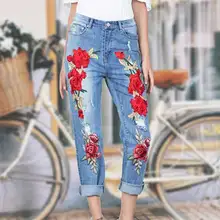 Women Fashion Rose Flower Embroidered Jeans Light Blue Loose Ripped Denim Trousers XXL Oversize straight Jeans Pants Female
